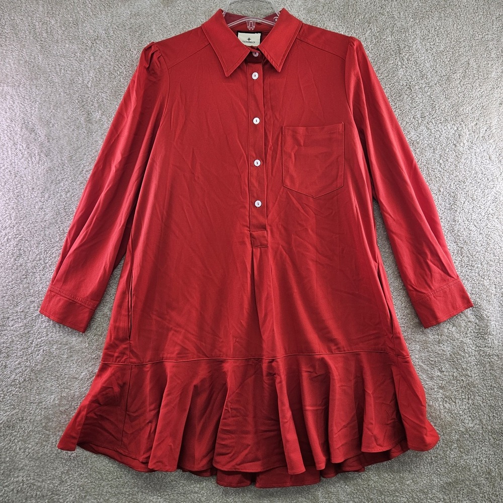 Tuckernuck Callahan Shirt Dress Womens Size M Red NWOT Ruffle Hem Long Sleeve